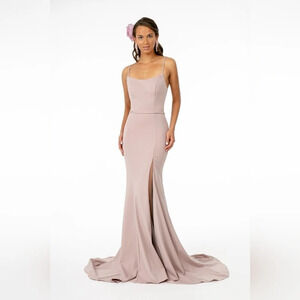 GL2670 Elizabeth K Rome Jersey Illusion Side Slit Long Dress Fabric